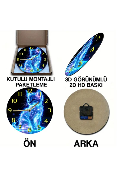 kutuTR Sessiz Yuvarlak Ahşap Duvar Saati, Kuvars Kedi Desen 2d Sdw025 - 5
