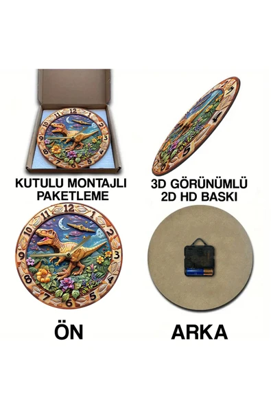 kutuTR Sessiz Yuvarlak Ahşap Duvar Saati, Kuvars Hareketli 2d Dinazor Desen Sdw008 - 6