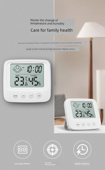Dijital Duvar Termometre Higrometresi - Akıllı Alarm ve Takvim - 7