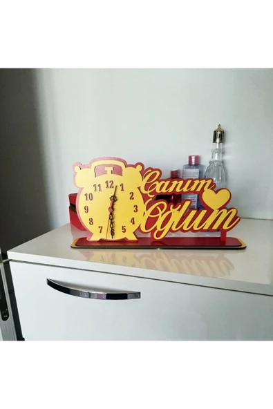 Notpa Canım Oğlum Ahşap Masaüstü Kalpli Saat Sarı-kırmızı - 4