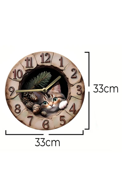 kutuTR Sessiz Yuvarlak Ahşap Duvar Saati, Kuvars Hareketli 2d Kedi Desen Sdw007 - 5
