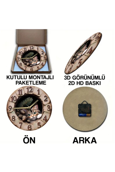 kutuTR Sessiz Yuvarlak Ahşap Duvar Saati, Kuvars Hareketli 2d Kedi Desen Sdw007 - 6