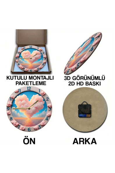 kutuTR Sessiz Yuvarlak Ahşap Duvar Saati, Kuvars Bulut Kalp Desen 2d Sdw031 - 4