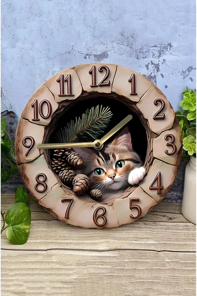 kutuTR Sessiz Yuvarlak Ahşap Duvar Saati, Kuvars Hareketli 2d Kedi Desen Sdw007 - 3