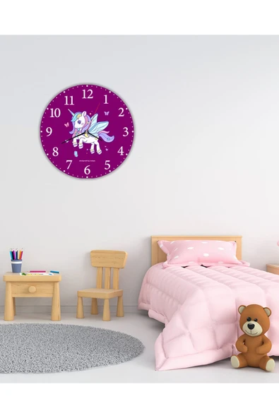 kutuTR Aksesuar Unicorn Çocuk Dekoratif Ahşap Duvar Saati 33x33