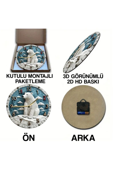 kutuTR Sessiz Yuvarlak Ahşap Duvar Saati, Kuvars Hareketli 2d Kedi Desen Sdw015 - 6
