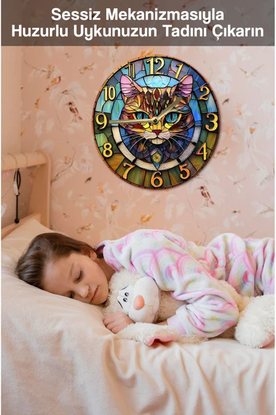 kutuTR Sessiz Yuvarlak Ahşap Duvar Saati, Kuvars Hareketli 2d Kedi Desen Sdw021 - 3
