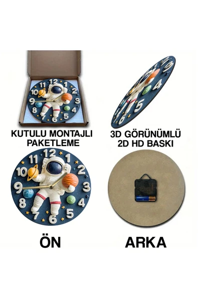 kutuTR Sessiz Yuvarlak Ahşap Duvar Saati, Kuvars Hareketli 2d Uzay Desen Sdw011 - 4