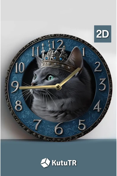 kutuTR Sessiz Yuvarlak Ahşap Duvar Saati, Kuvars Hareketli 2d Kedi Desen 2d Sdw023 - 3