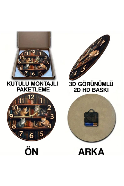 kutuTR Sessiz Yuvarlak Ahşap Duvar Saati, Kuvars Hareketli 2d Kedi Desen Sdw018 - 5