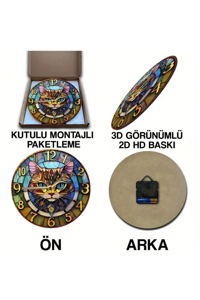 kutuTR Sessiz Yuvarlak Ahşap Duvar Saati, Kuvars Hareketli 2d Kedi Desen Sdw021 - 5
