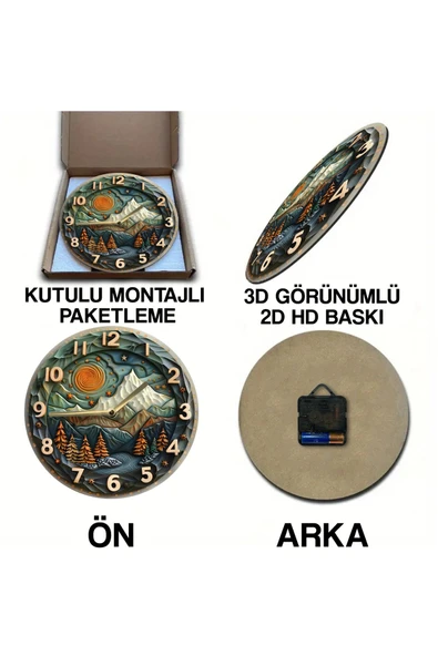 kutuTR Sessiz Yuvarlak Ahşap Duvar Saati, Kuvars Hareketli 2d Kedi Desen 2d Ahşap Kutulu SDW014 - 6