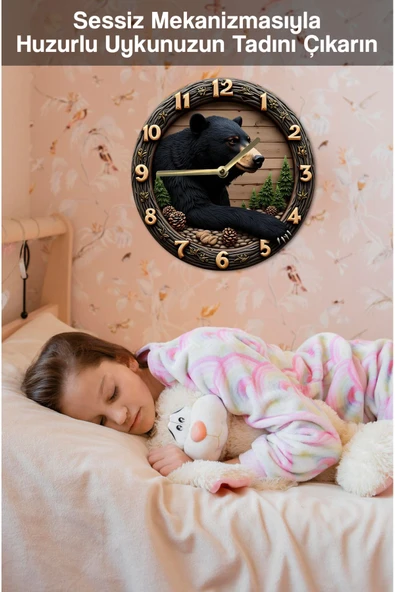 kutuTR Sessiz Yuvarlak Ahşap Duvar Saati, Kuvars Ayı Desen 2d Sdw029 - 3