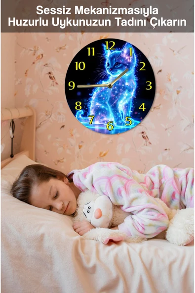 kutuTR Sessiz Yuvarlak Ahşap Duvar Saati, Kuvars Kedi Desen 2d Sdw025 - 4