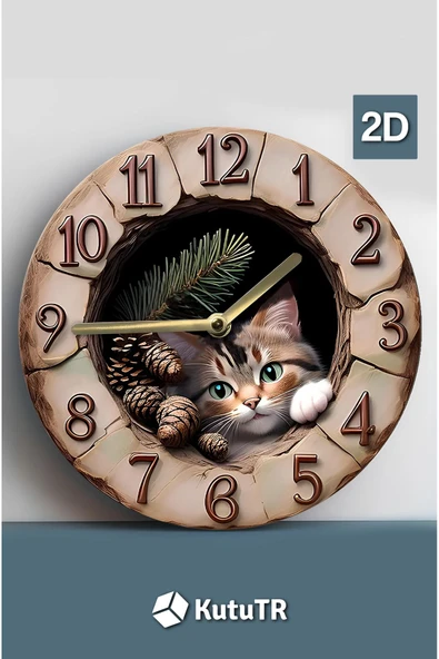 kutuTR Sessiz Yuvarlak Ahşap Duvar Saati, Kuvars Hareketli 2d Kedi Desen Sdw007 - 2