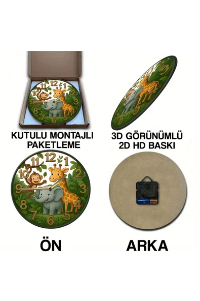 kutuTR Sessiz Yuvarlak Ahşap Duvar Saati, Kuvars Hareketli 2d Zürafa Desen Sdw020 - 5