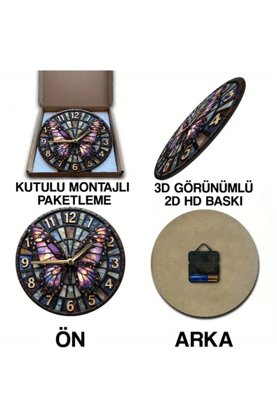 kutuTR Sessiz Yuvarlak Ahşap Duvar Saati, Kuvars Hareketli 2d Kedi Desen Sdw017 - 6
