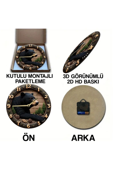kutuTR Sessiz Yuvarlak Ahşap Duvar Saati, Kuvars Ayı Desen 2d Sdw029 - 5