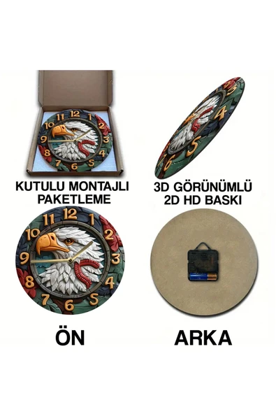 kutuTR Sessiz Yuvarlak Ahşap Duvar Saati, Kuvars Hareketli 2d Kedi Desen 2d Ahşap Kutulu SDW013 - 5