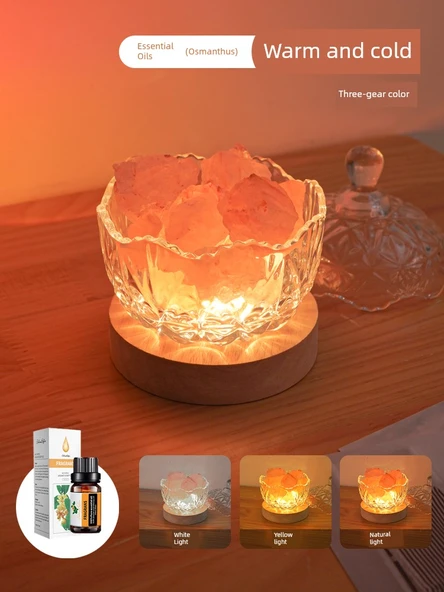 Doğal Tuz Lambası USB Girişli - Üç Renk Kısılabilir + Osmanthus Esansiyel Yağı