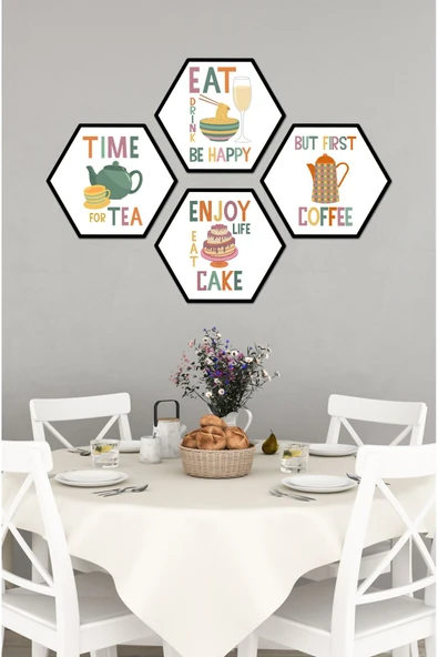 kutuTR Dekorize Mdf Tablo Seti 4 Parça 3 Mm - Mutfak ve KAfeler İçin Hexagon ( Altıgen ) Tablo - HT001 - 3