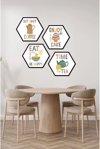 kutuTR Dekorize Mdf Tablo Seti 4 Parça 3 Mm - Mutfak ve KAfeler İçin Hexagon ( Altıgen ) Tablo - HT001