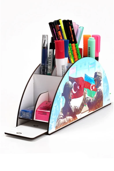 kutuTR Ahşap VİP Türkiye-Azerbaycan Serisi Gökkuşağı Cetvelli Masaüstü Kalemlik Organizer Montajlı Kutulu ürün görseli 1