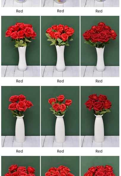 Yapay Gül Buketi - 10 Kırmızı İpek Gülü + 3 Beyaz Gypsophila - 12