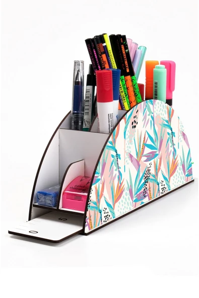 kutuTR Ahşap VİP Orman ve Yapraklar Serisi Gökkuşağı Cetvelli Masaüstü Kalemlik Organizer Montajlı Kutulu ürün görseli 1