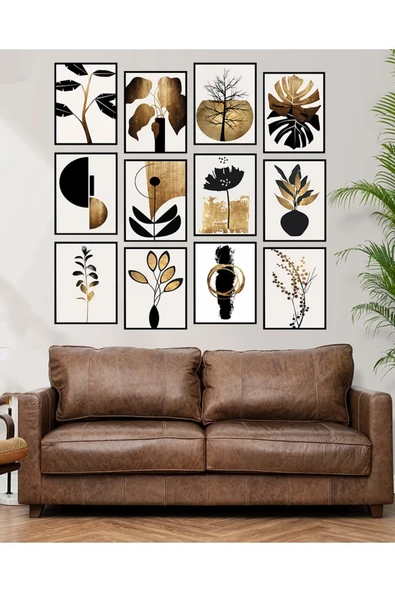 kutuTR Dekorize Mdf Tablo Seti 12 Parça 3 Mm - Altın Yaprak Salon Oturma Odası Için Duvar Dekoru - 2
