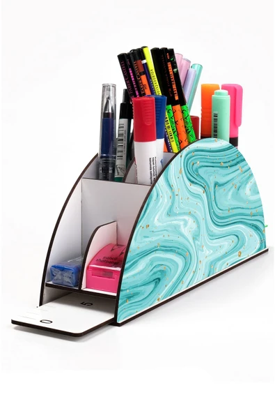 kutuTR Ahşap Vip Mermer Serisi Gökkuşağı Cetvelli Masaüstü Kalemlik Organizer Montajlı Kutulu ürün görseli 1