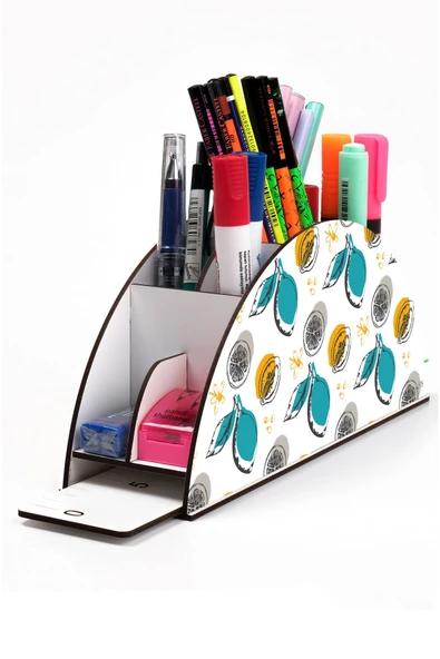 kutuTR Ahşap Vip Meyve Serisi Gökkuşağı Cetvelli Masaüstü Kalemlik Organizer Montajlı Kutulu ürün görseli 1