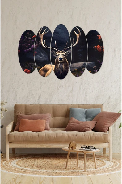 kutuTR Notpa 5 Parça Geyik Ve Tabiat Görseli Tablo 3d Görünüm 55x83 - 2
