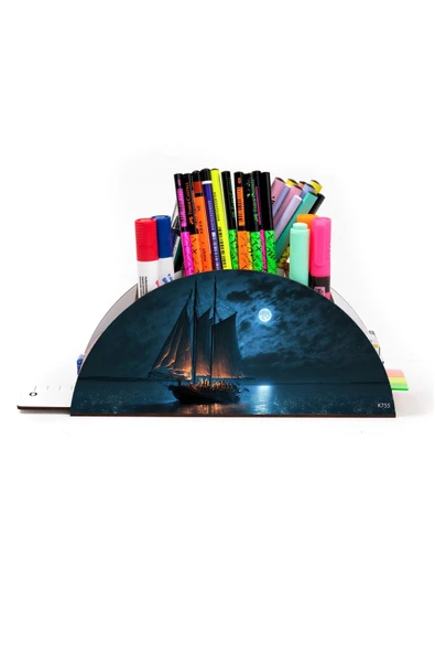 kutuTR Ahşap VİP Okyanus Serisi Gökkuşağı Cetvelli Masaüstü Kalemlik Organizer Montajlı Kutulu - Resim 2