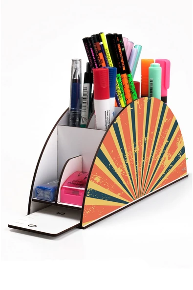 kutuTR Ahşap Vip Retro Serisi Gökkuşağı Cetvelli Masaüstü Kalemlik Organizer Montajlı Kutulu ürün görseli 1