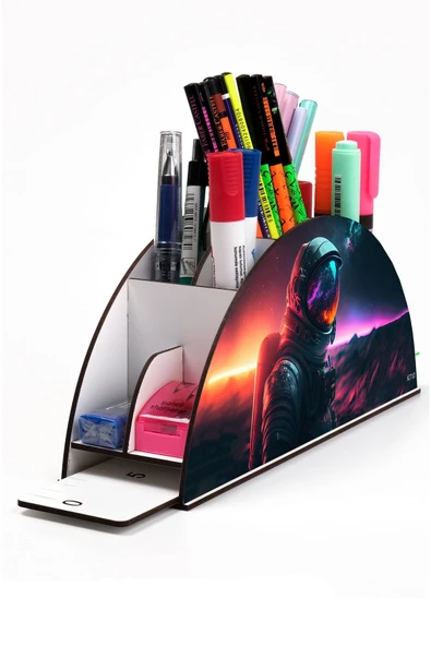 kutuTR Ahşap Vip Uzay Serisi Gökkuşağı Cetvelli Masaüstü Kalemlik Organizer Montajlı Kutulu ürün görseli 1