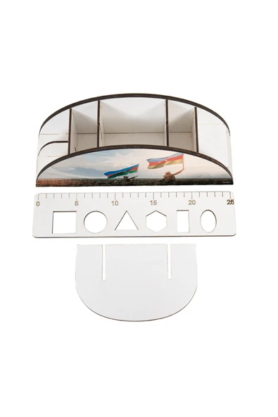 kutuTR Ahşap VİP Türkiye-Azerbaycan Serisi Gökkuşağı Cetvelli Masaüstü Kalemlik Organizer Montajlı Kutulu - Resim 4