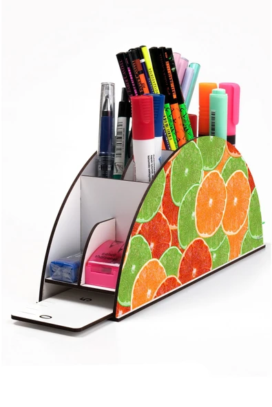 kutuTR Ahşap Vip Meyve Serisi Gökkuşağı Cetvelli Masaüstü Kalemlik Organizer Montajlı Kutulu ürün görseli 1