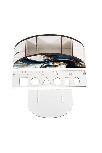 kutuTR Ahşap VİP Desen Serisi Gökkuşağı Cetvelli Masaüstü Kalemlik Organizer Montajlı Kutulu - Resim 4