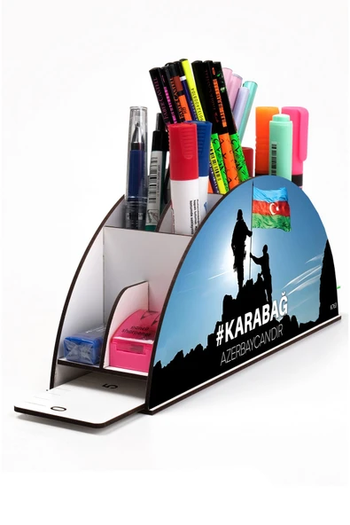 kutuTR Ahşap VİP Türkiye-Azerbaycan Serisi Gökkuşağı Cetvelli Masaüstü Kalemlik Organizer Montajlı Kutulu ürün görseli 1