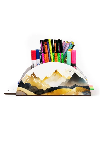 kutuTR Ahşap Vip Dağ Serisi Gökkuşağı Cetvelli Masaüstü Kalemlik Organizer Montajlı Kutulu - Resim 2