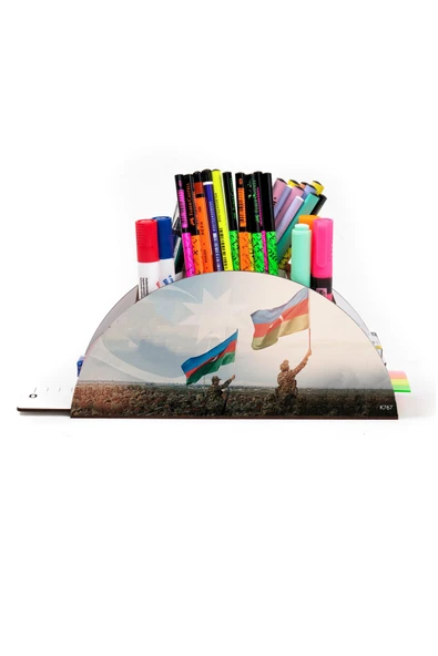 kutuTR Ahşap VİP Türkiye-Azerbaycan Serisi Gökkuşağı Cetvelli Masaüstü Kalemlik Organizer Montajlı Kutulu - Resim 2