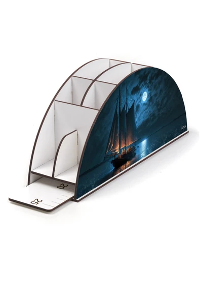 kutuTR Ahşap VİP Okyanus Serisi Gökkuşağı Cetvelli Masaüstü Kalemlik Organizer Montajlı Kutulu - Resim 3