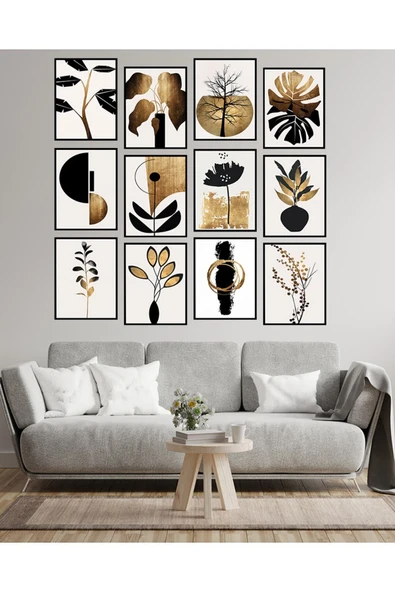 kutuTR Dekorize Mdf Tablo Seti 12 Parça 3 Mm - Altın Yaprak Salon Oturma Odası Için Duvar Dekoru