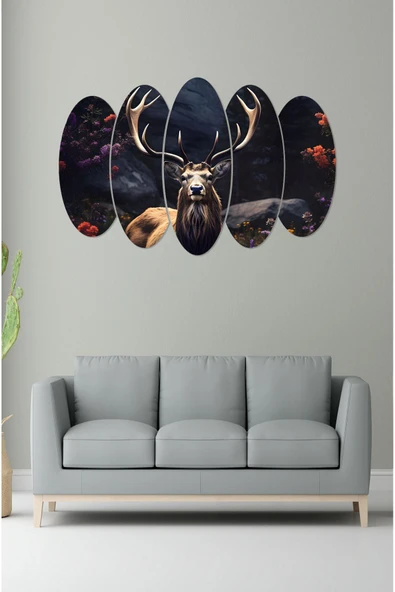 kutuTR Notpa 5 Parça Geyik Ve Tabiat Görseli Tablo 3d Görünüm 55x83 - 3
