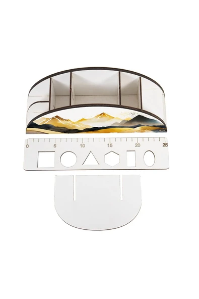 kutuTR Ahşap Vip Dağ Serisi Gökkuşağı Cetvelli Masaüstü Kalemlik Organizer Montajlı Kutulu - Resim 4