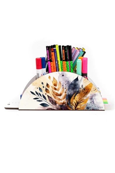 kutuTR Ahşap VİP Orman ve Yapraklar Serisi Gökkuşağı Cetvelli Masaüstü Kalemlik Organizer Montajlı Kutulu - Resim 2