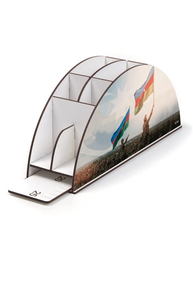 kutuTR Ahşap VİP Türkiye-Azerbaycan Serisi Gökkuşağı Cetvelli Masaüstü Kalemlik Organizer Montajlı Kutulu - Resim 3