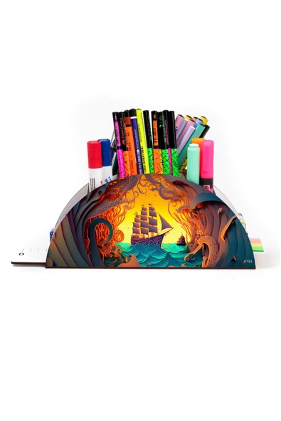 kutuTR Ahşap VİP Okyanus Serisi Gökkuşağı Cetvelli Masaüstü Kalemlik Organizer Montajlı Kutulu - Resim 2