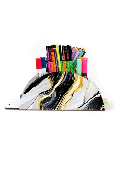 kutuTR Ahşap Vip Desen Serisi Gökkuşağı Cetvelli Masaüstü Kalemlik Organizer Montajlı Kutulu - Resim 2